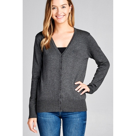 Sweaters - Basic Charcoal Gray Button Up Long Sleeve Cardigan